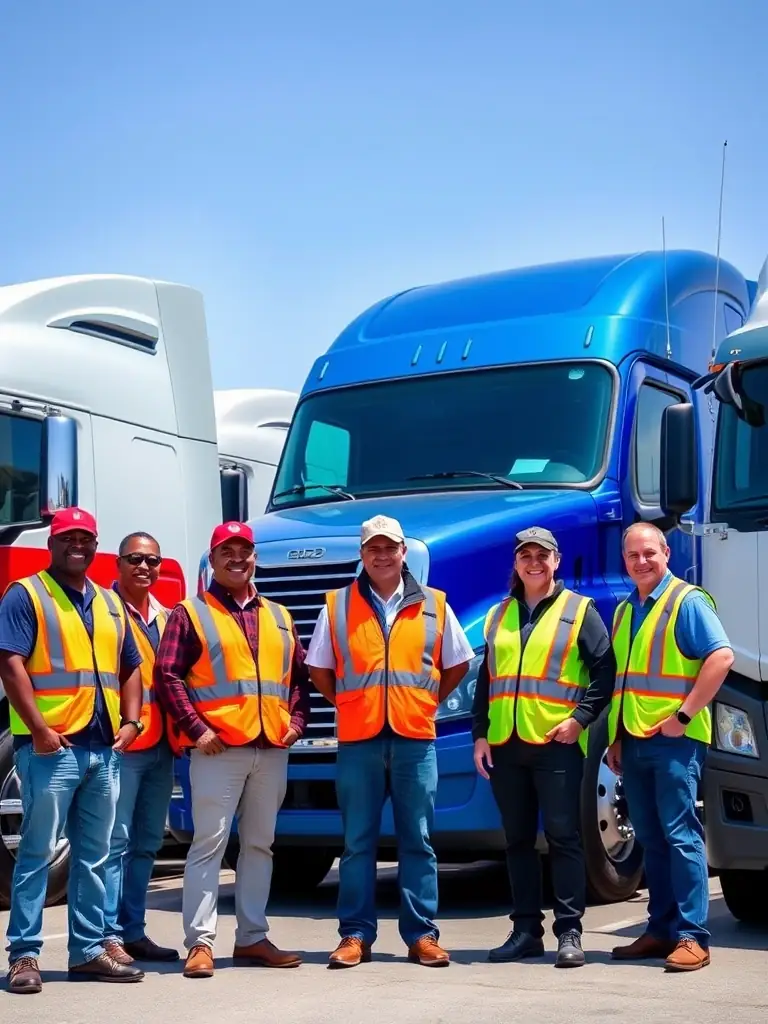 A diverse group of truck drivers standing in front of a fleet of trucks, representing the inclusive and varied job opportunities available through FleetHire.