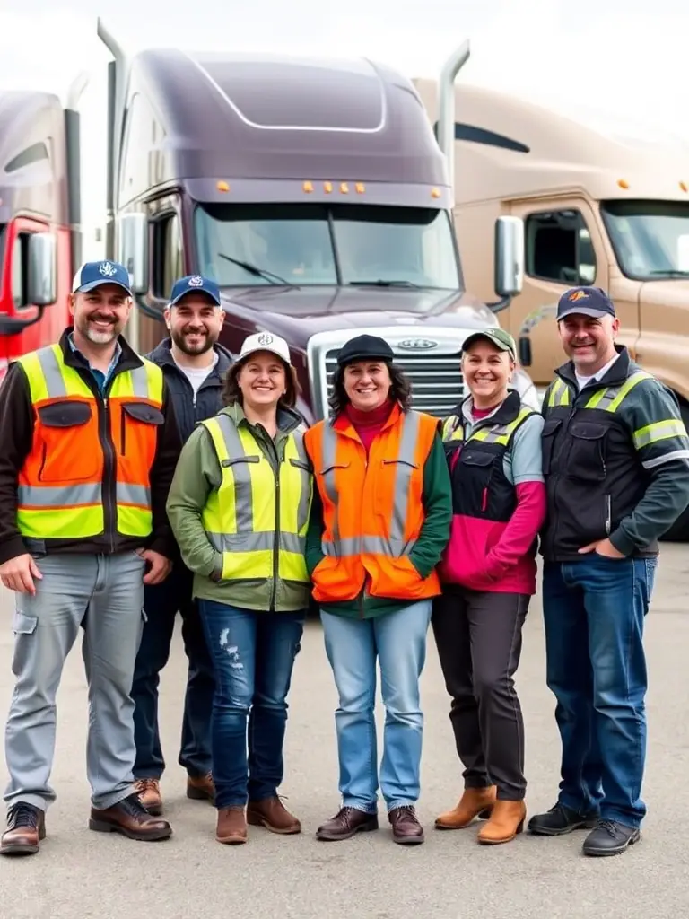 A diverse group of truck drivers standing together, representing the FleetHire community and the support network available to drivers.