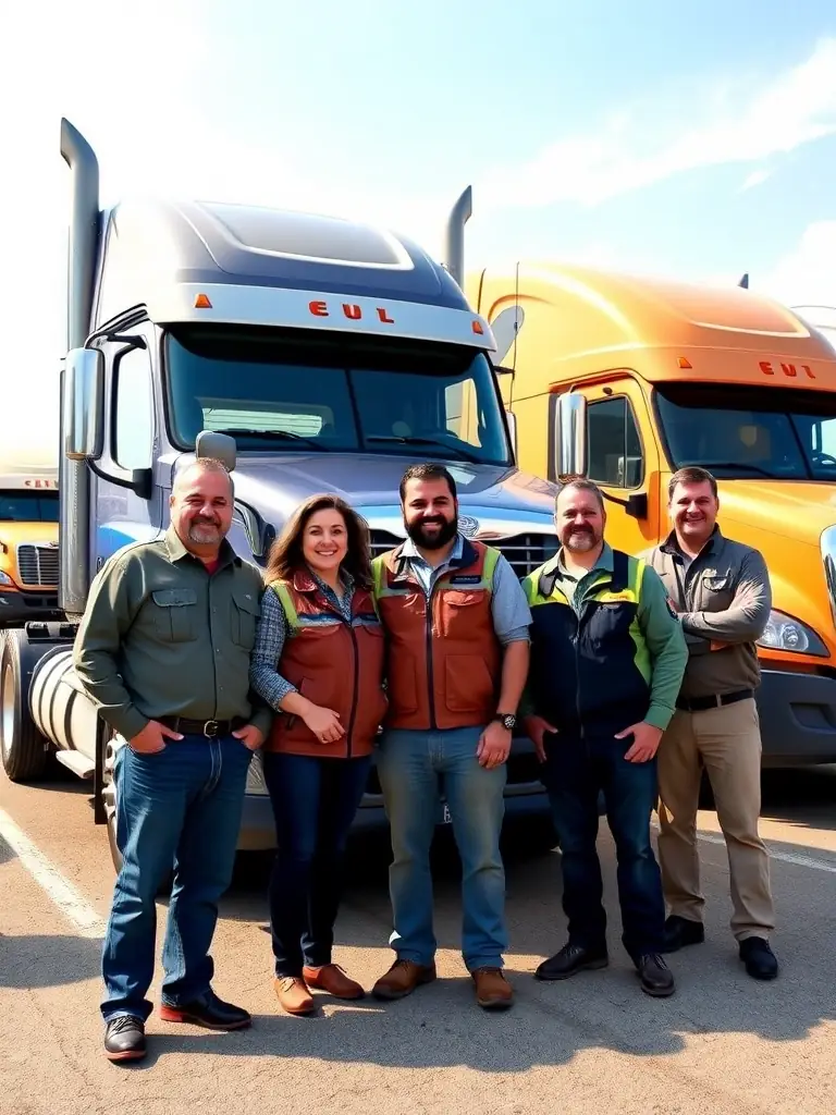 An image showing a diverse group of truck drivers standing in front of their trucks, smiling and confident, representing the community and support offered by FleetHire.