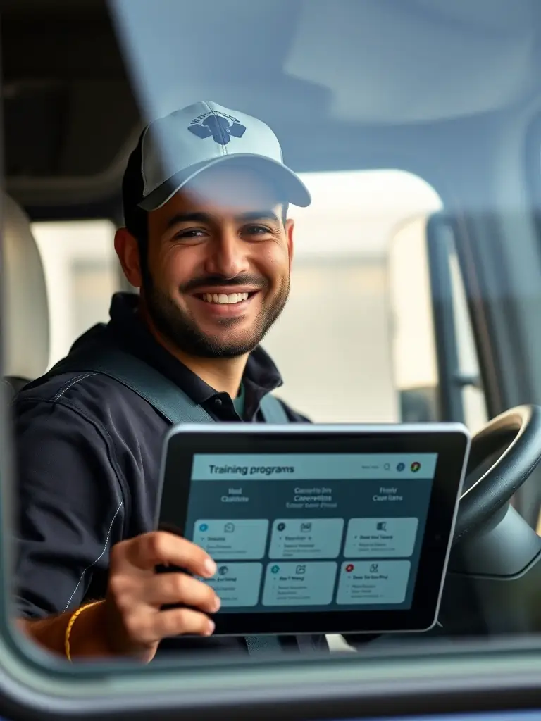 A driver smiling while reviewing career advancement opportunities and training programs available through the FleetHire platform on a tablet.