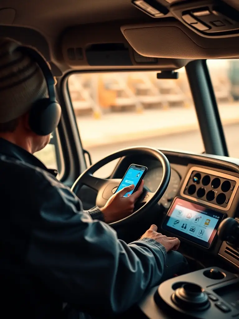 A driver using the FleetHire mobile app on a truck dashboard, showcasing digital profiles and matching icons, emphasizing the AI-driven matching feature.