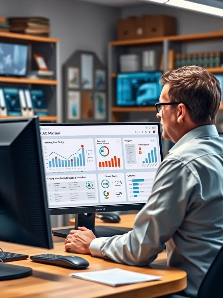A fleet manager reviewing driver profiles on a computer screen, displaying analytics and onboarding modules, highlighting the comprehensive dashboard.