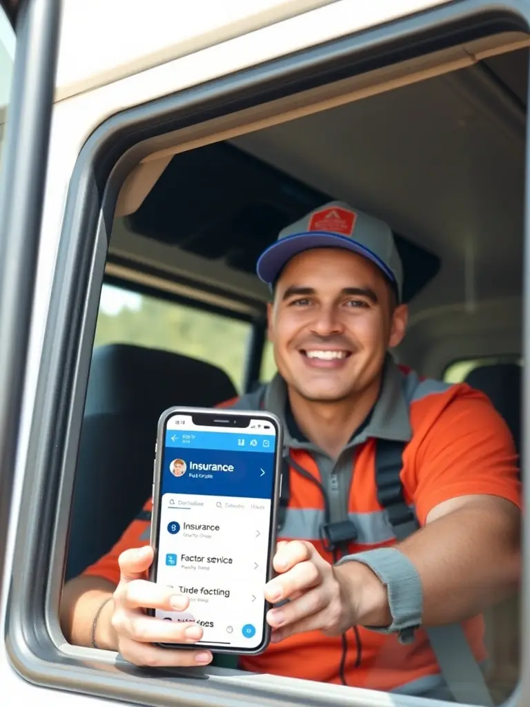 A driver confidently using the FleetHire app to access business services, such as insurance quotes and factoring options, while on the road.