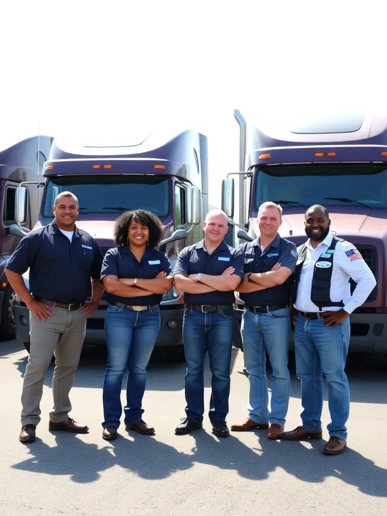A diverse group of CDL drivers standing confidently in front of their trucks, representing a pool of qualified talent.