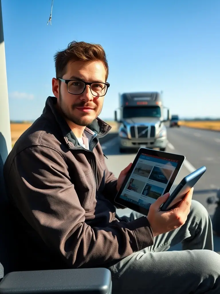 A professional CDL driver smiling confidently while reviewing job matches on a tablet, showcasing the ease of use of FleetHire's AI job matching feature.