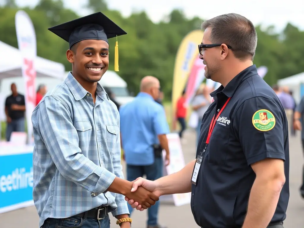 A recent CDL graduate is shaking hands with a FleetHire recruiter at a job fair, symbolizing successful career placement and support.