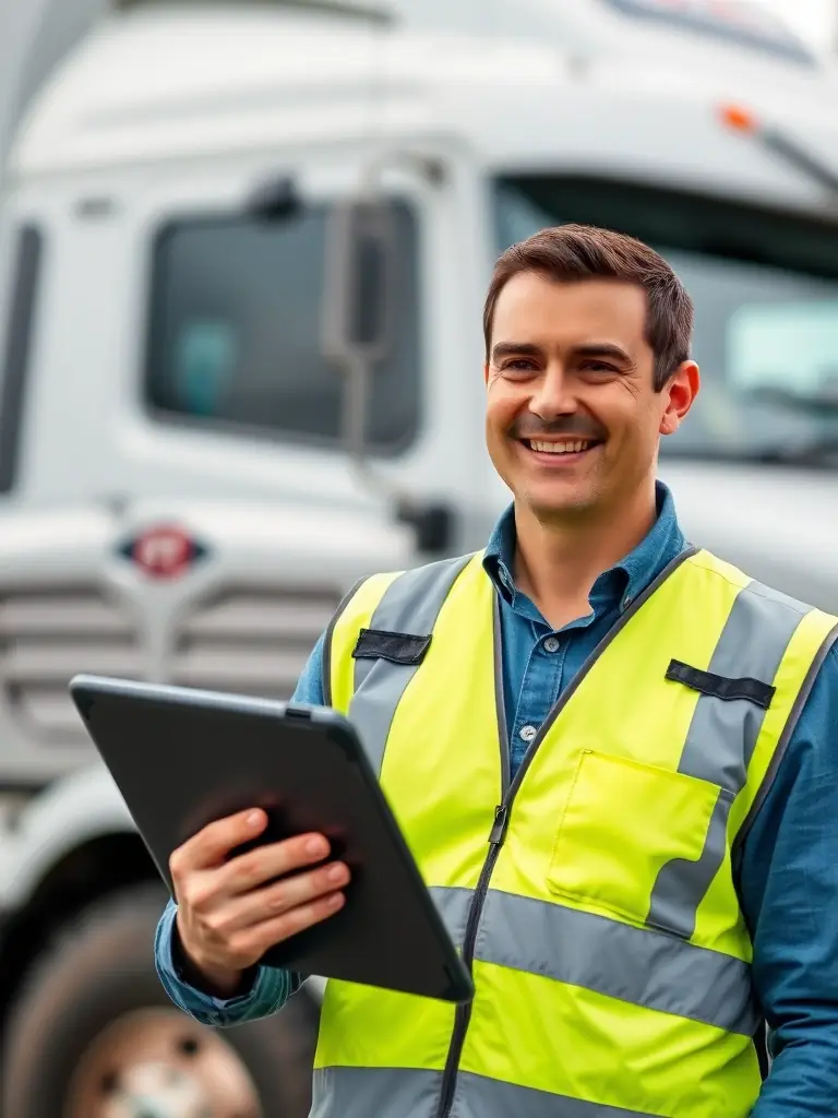 A professional headshot of a smiling truck driver holding a tablet, showcasing the ease of using the FleetHire app for job applications.