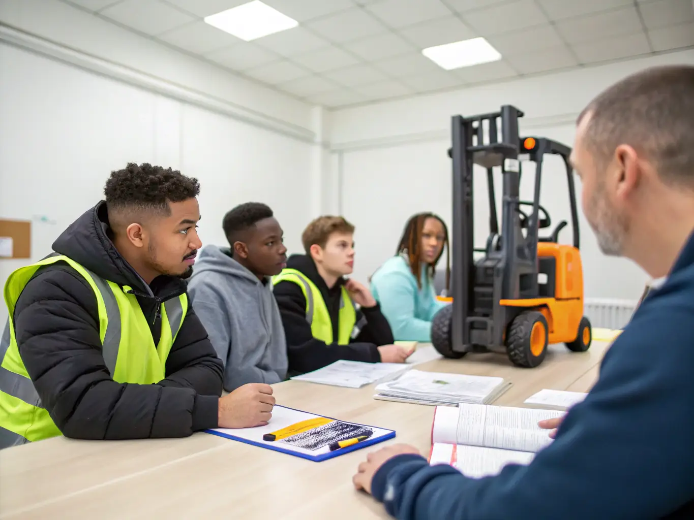 A diverse group of truck drivers participating in a training session, emphasizing the opportunities for professional development and career advancement within the Fleethire network.