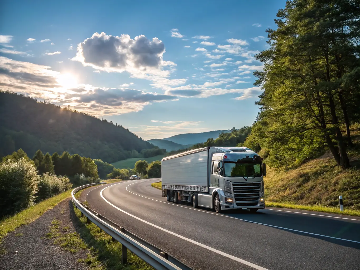 A professional truck driver smiling confidently while standing next to his modern semi-truck, showcasing a sense of pride and job satisfaction.