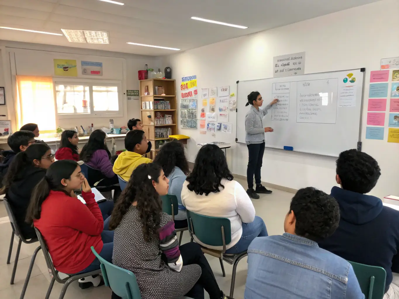A diverse group of CDL students are attentively listening to their instructor in a modern classroom setting, with laptops open and notebooks in front of them, symbolizing a supportive learning environment.
