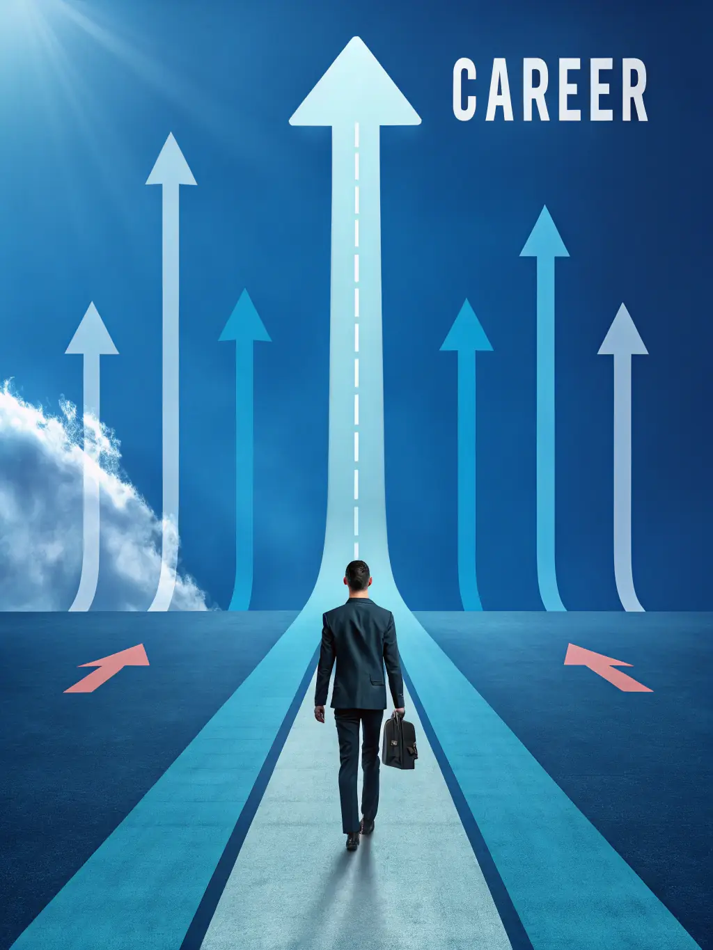 A graphic showing a driver's career path with upward arrows, symbolizing the career advancement opportunities offered by FleetHire.
