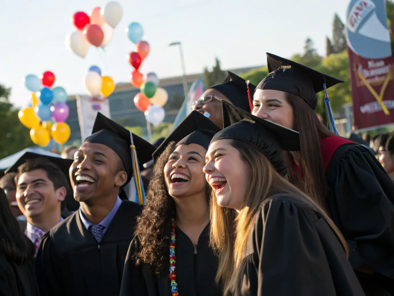 A diverse group of CDL students celebrating their graduation from trucking school, showcasing their excitement and readiness to start their careers, with a FleetHire banner subtly displayed in the background.