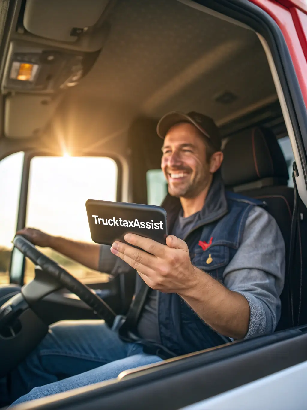 A professional photograph of a CDL driver smiling confidently while using the FleetHire mobile app on their smartphone, showcasing the ease of finding jobs.