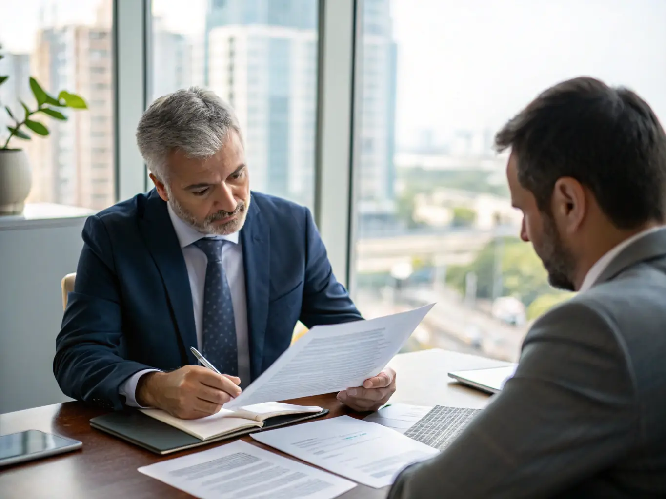 A professional insurance agent consulting with a trucking company owner, reviewing policy options and coverage details, with a focus on risk management and financial security.