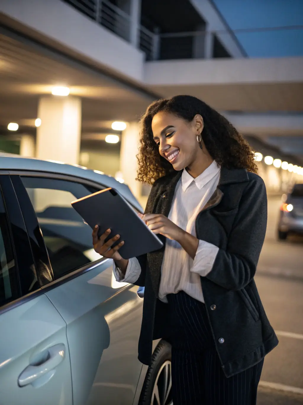 A professional headshot of a smiling truck driver holding a tablet, showcasing the ease of using the FleetHire app for job applications.