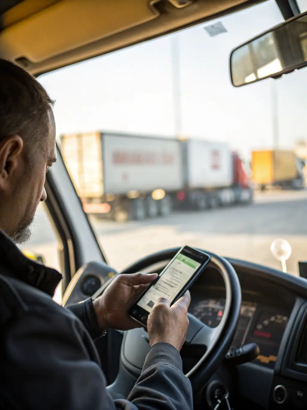 A close-up shot of a driver using the FleetHire mobile app to manage their job applications and track their progress, highlighting the platform's user-friendly features.
