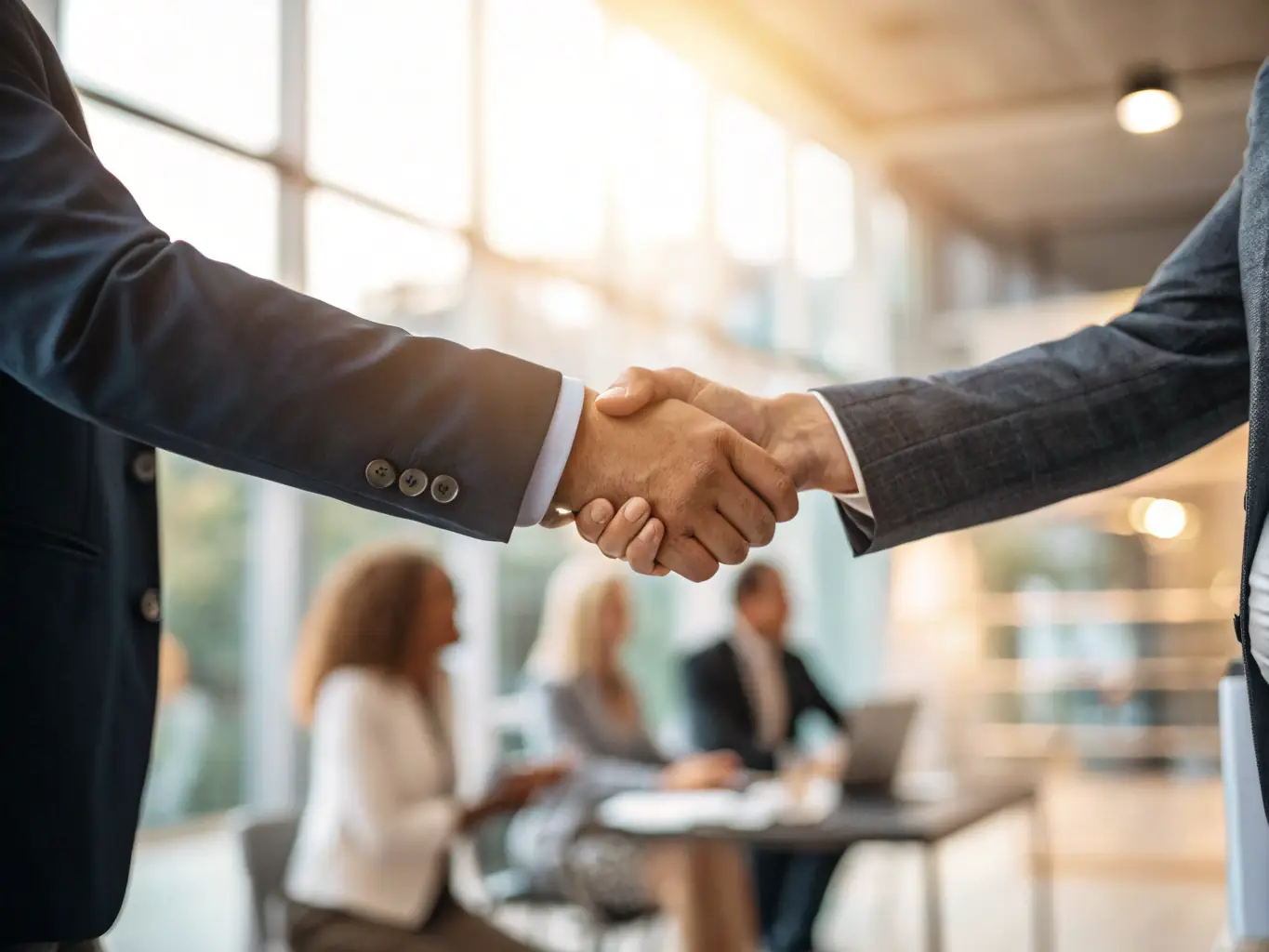 A handshake between a trucking school administrator and a FleetHire representative, symbolizing a successful partnership and the mutual benefits of collaboration.