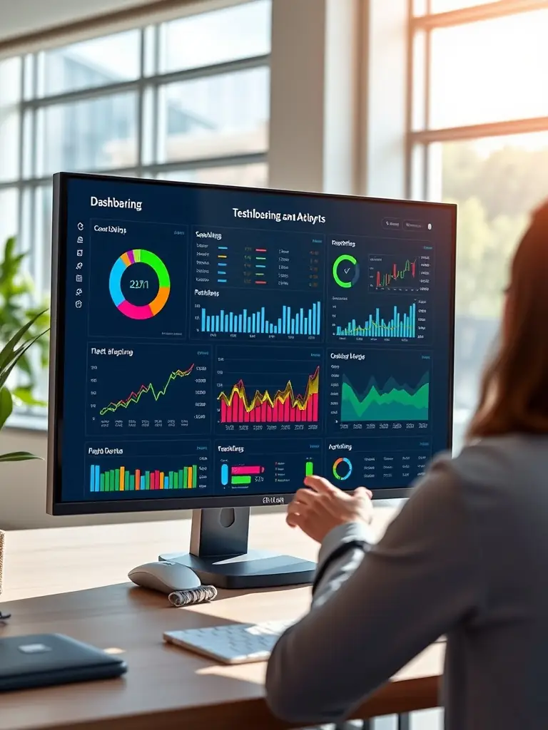 A professional fleet manager using the FleetHire dashboard on a desktop computer, showcasing data analytics and driver profiles.