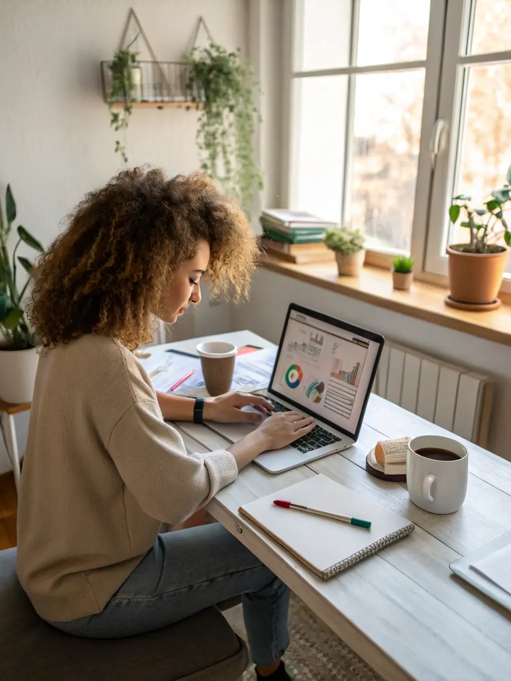 A recruiter working remotely from a modern home office, smiling and engaged in a video call, showcasing the flexibility of working with FleetHire.