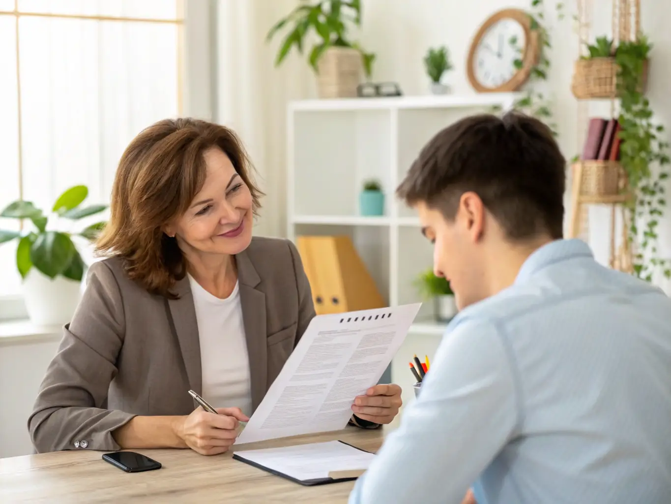 A college student working one-on-one with a FleetHire career coach, reviewing their resume and discussing career goals in a modern office setting. The coach is providing constructive feedback and guidance.