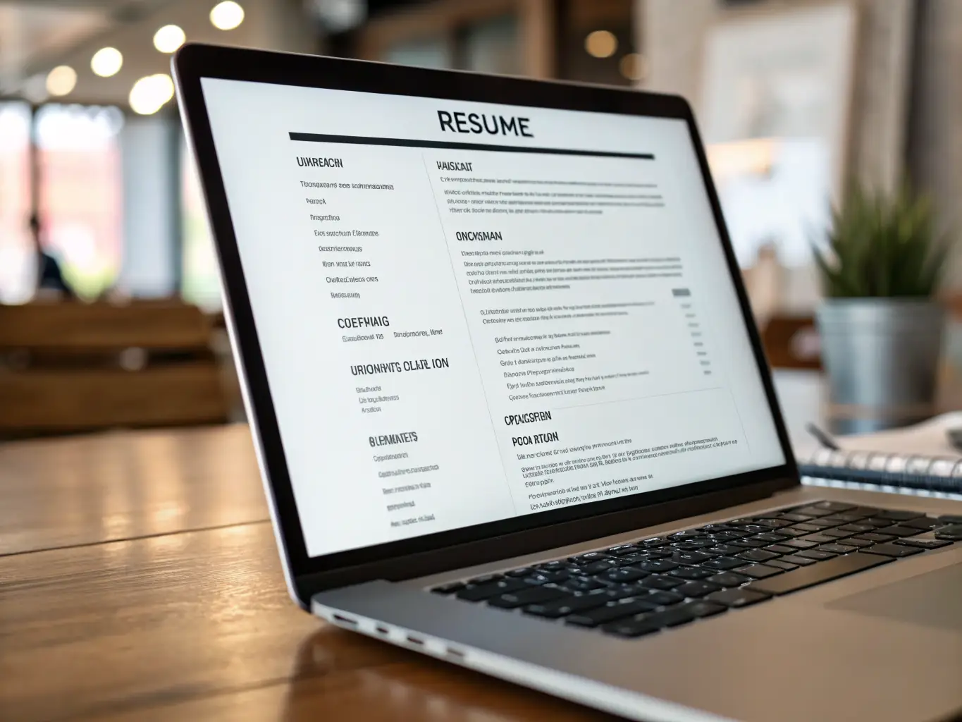A professionally designed resume template being edited on a laptop screen, showcasing key skills and experiences. The resume is clean, modern, and tailored to a specific job application.
