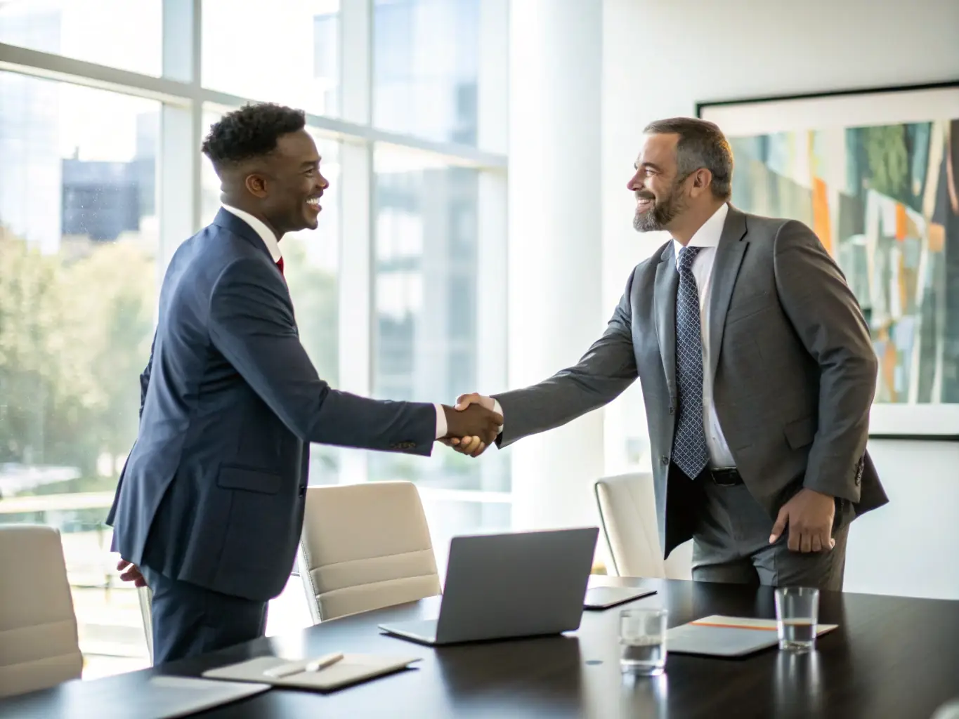 A handshake between a hiring manager and a new office employee, representing a successful placement through FleetHire.