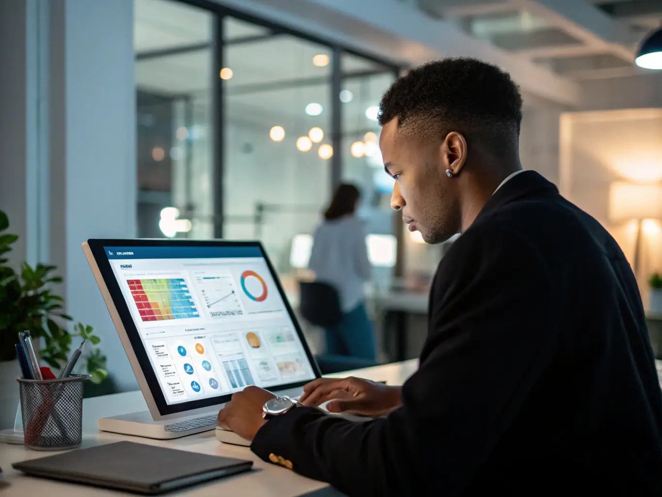 A recruiter reviewing candidate profiles on a laptop, with charts showing increasing commission earnings, highlighting the potential for high income with FleetHire.