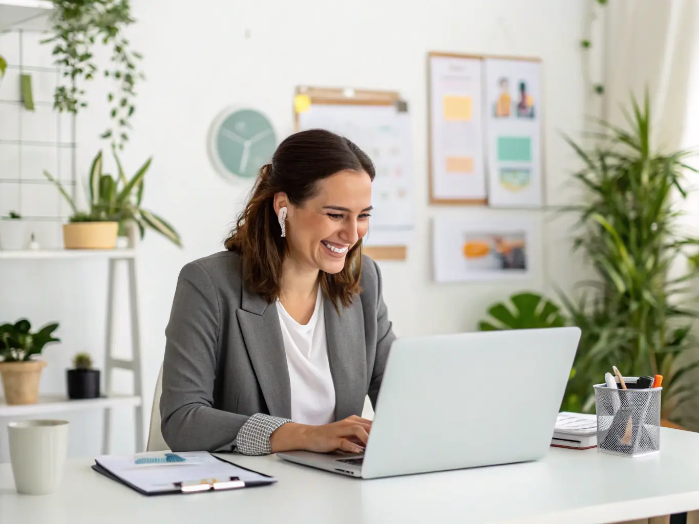 A recruiter working remotely from a modern home office, smiling and engaged in a video call, showcasing the flexibility and independence of working with FleetHire.
