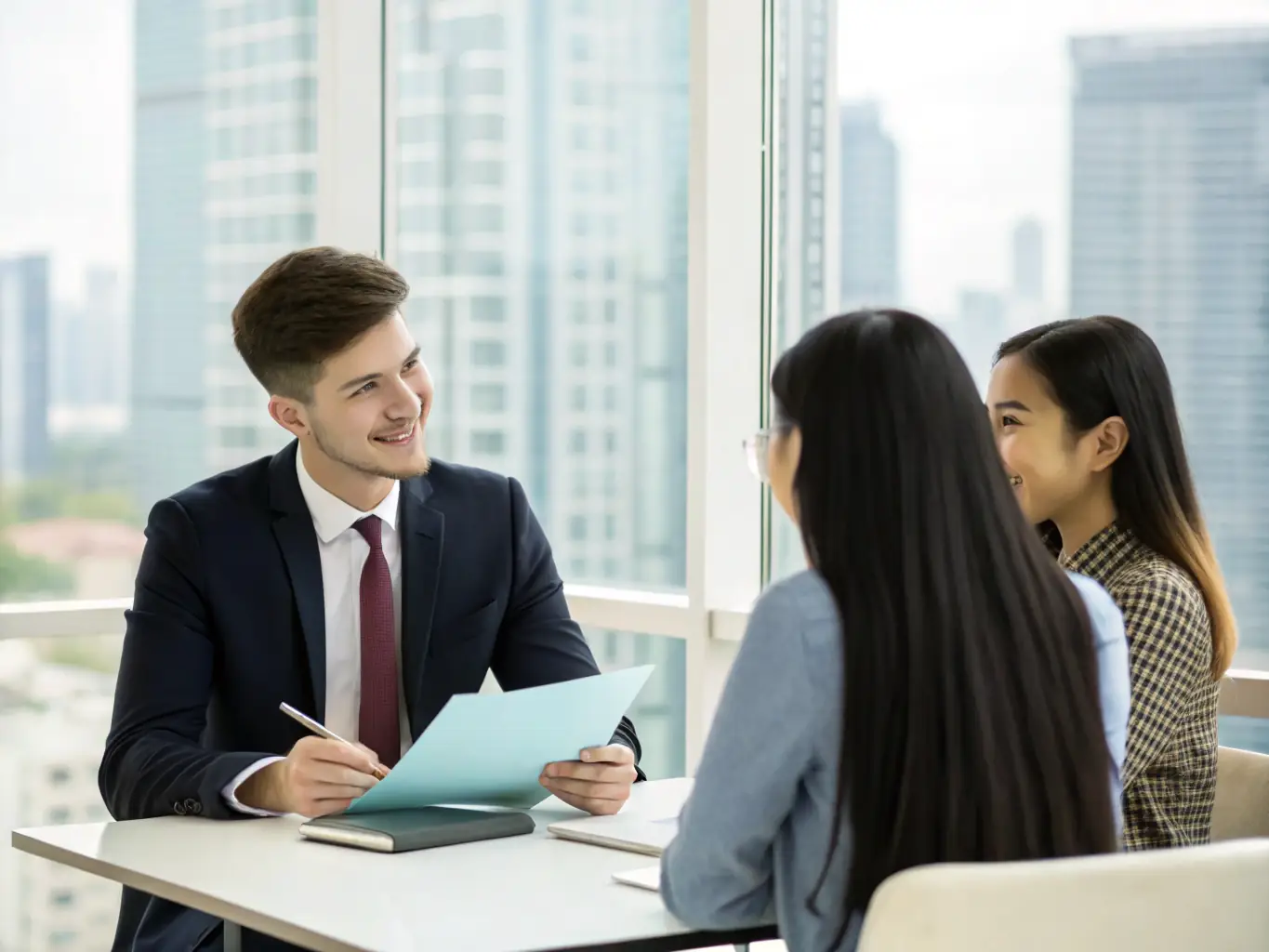 A college student confidently participating in a mock interview session with a FleetHire consultant. The student is dressed professionally and answering questions with poise and clarity.