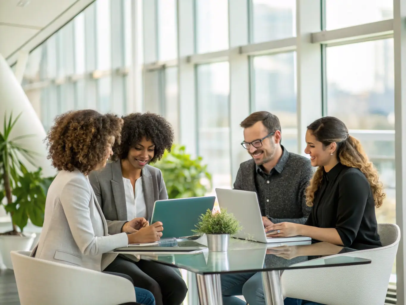 A professional office environment with diverse employees collaborating on projects, symbolizing a productive and efficient workplace facilitated by FleetHire's staffing solutions.